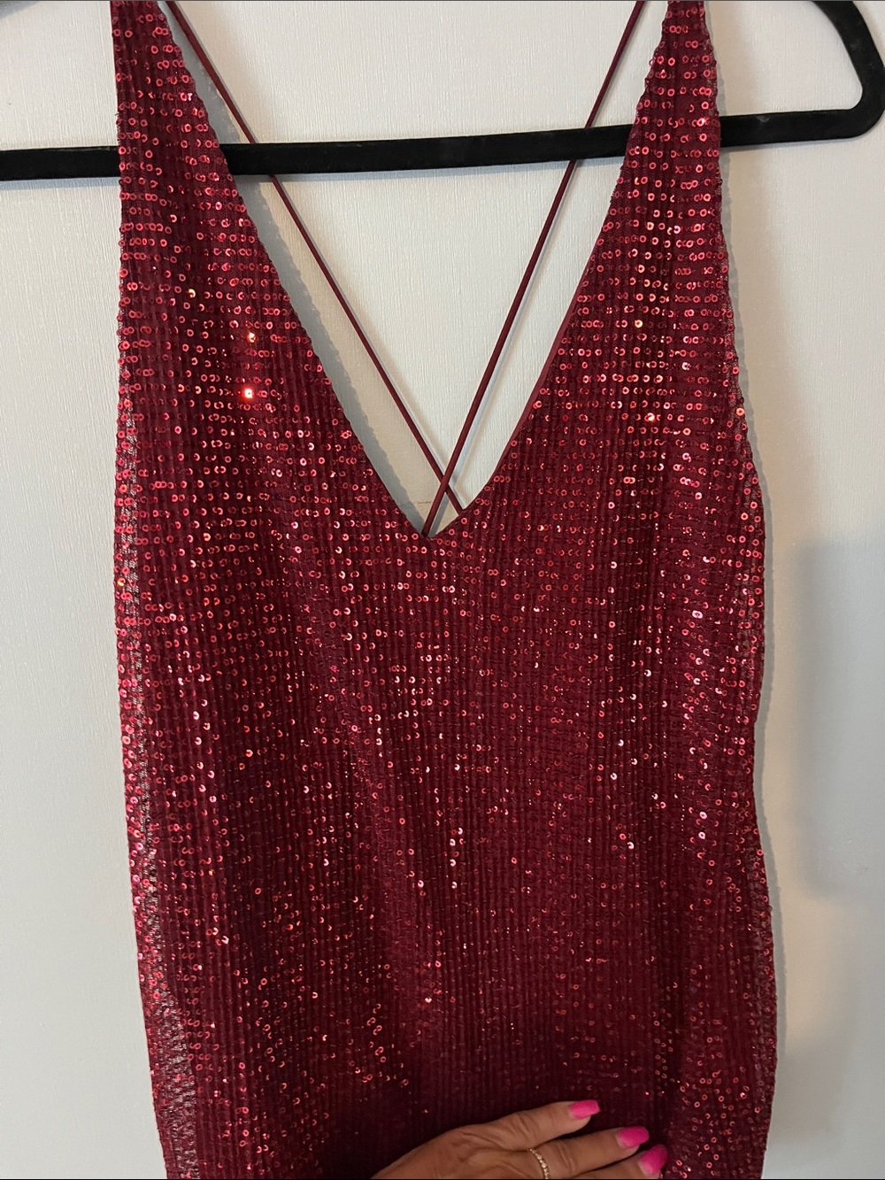 Express sequin halter with draped low back